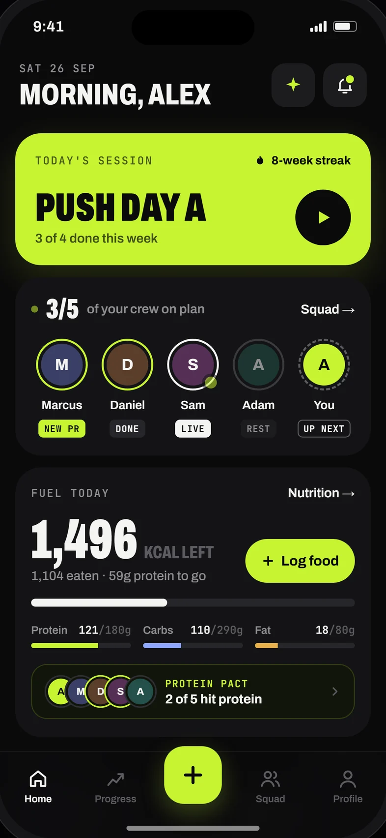 Home: today's session, who in your crew has trained, and calories left