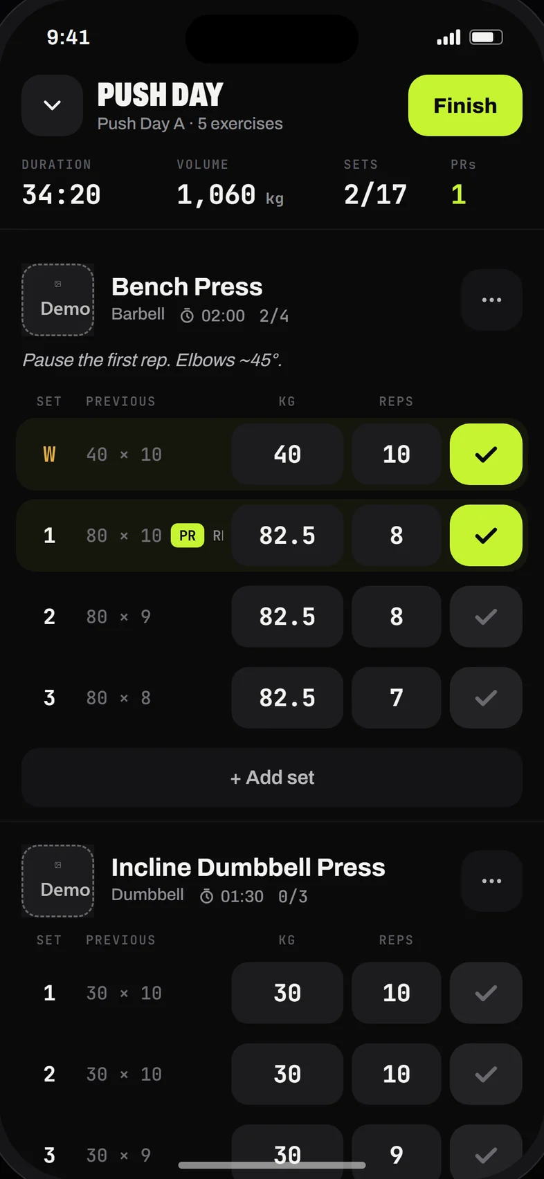 Active workout: sets of bench press with weight, reps and a new PR